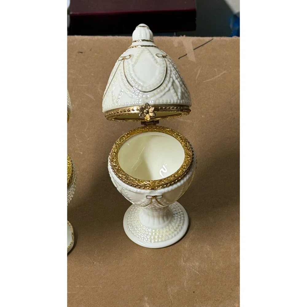 Ivory Elegance Fabergé-Style Hinged Egg Trinket Boxes Set of 2 Gold Trim